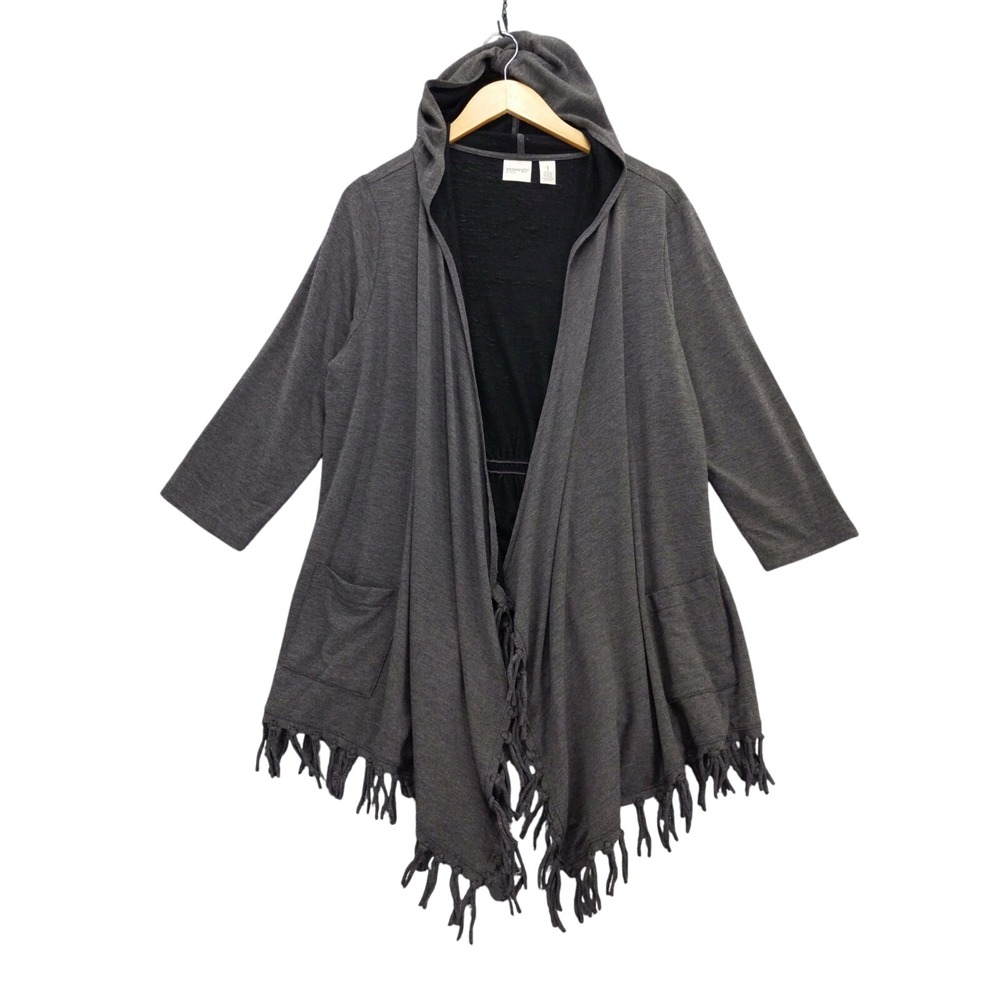 Chicos Zenergy Gray Hooded Fringe Cardigan Sweater Size 1 M